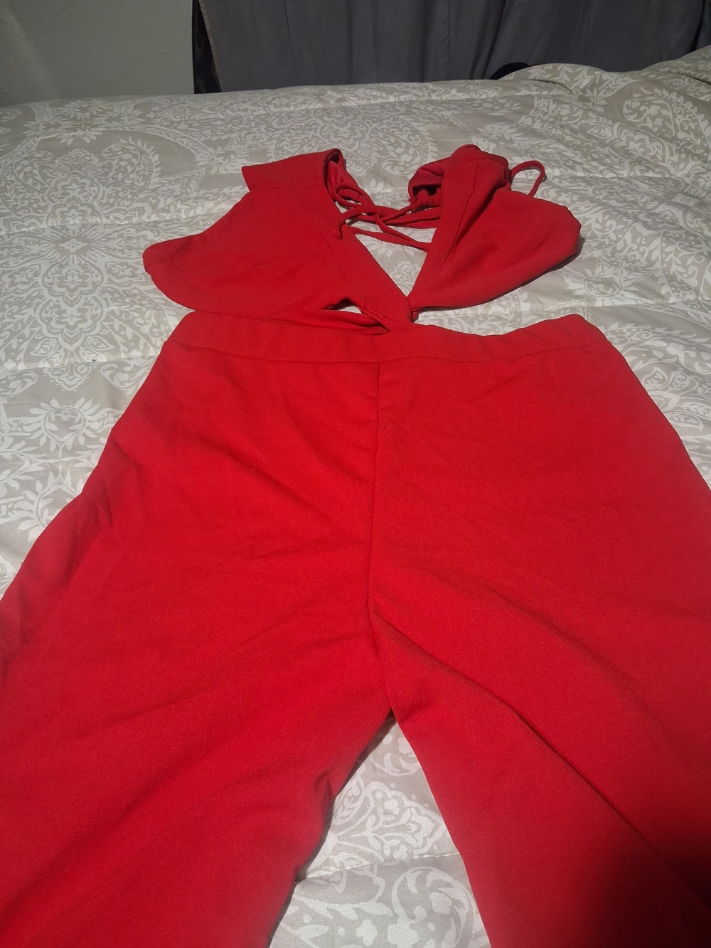 Red Women's Jumpsuit with Tie-in Back Bell Bottom Xl